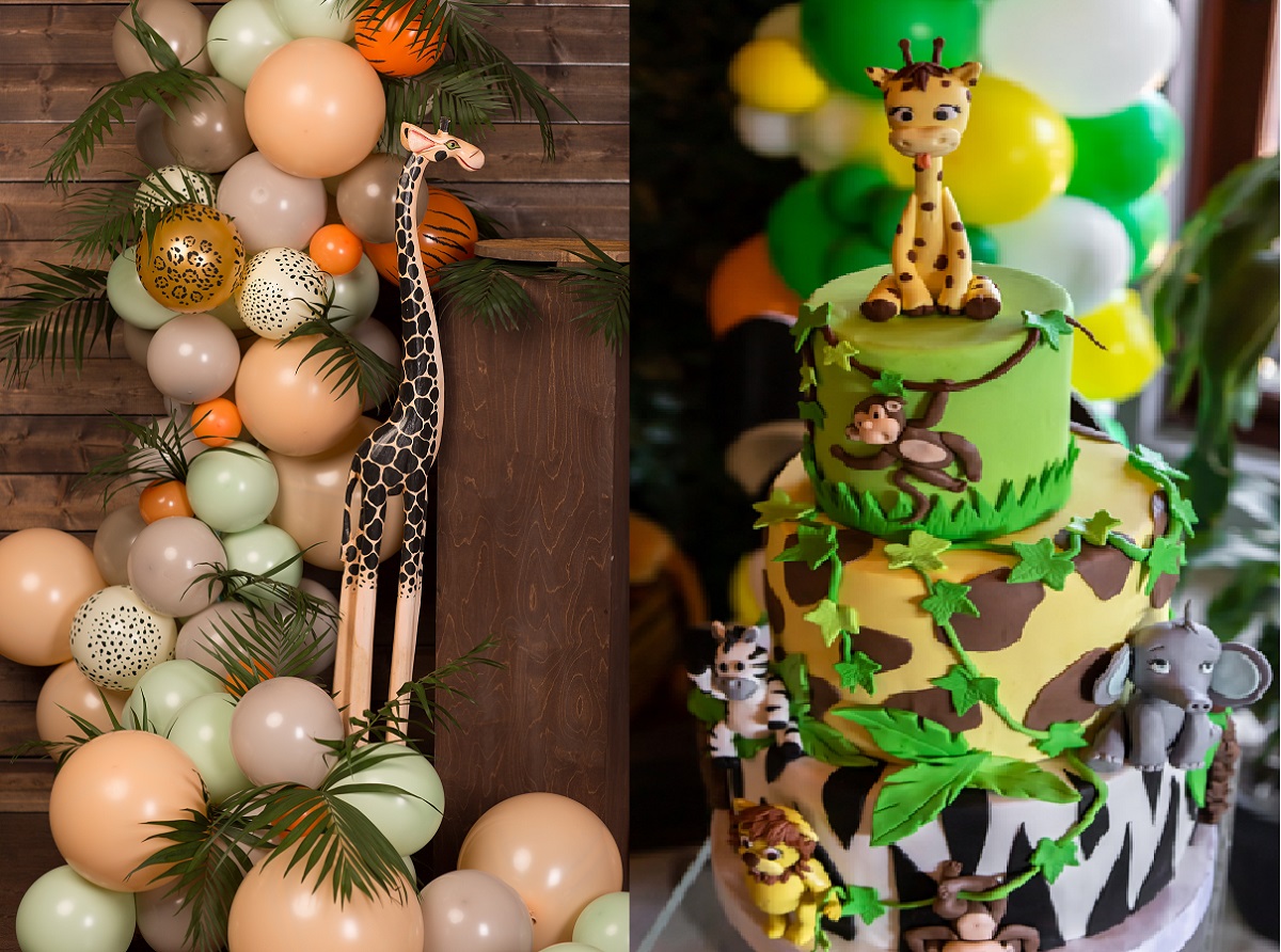 Safari baby shower balloons and cake